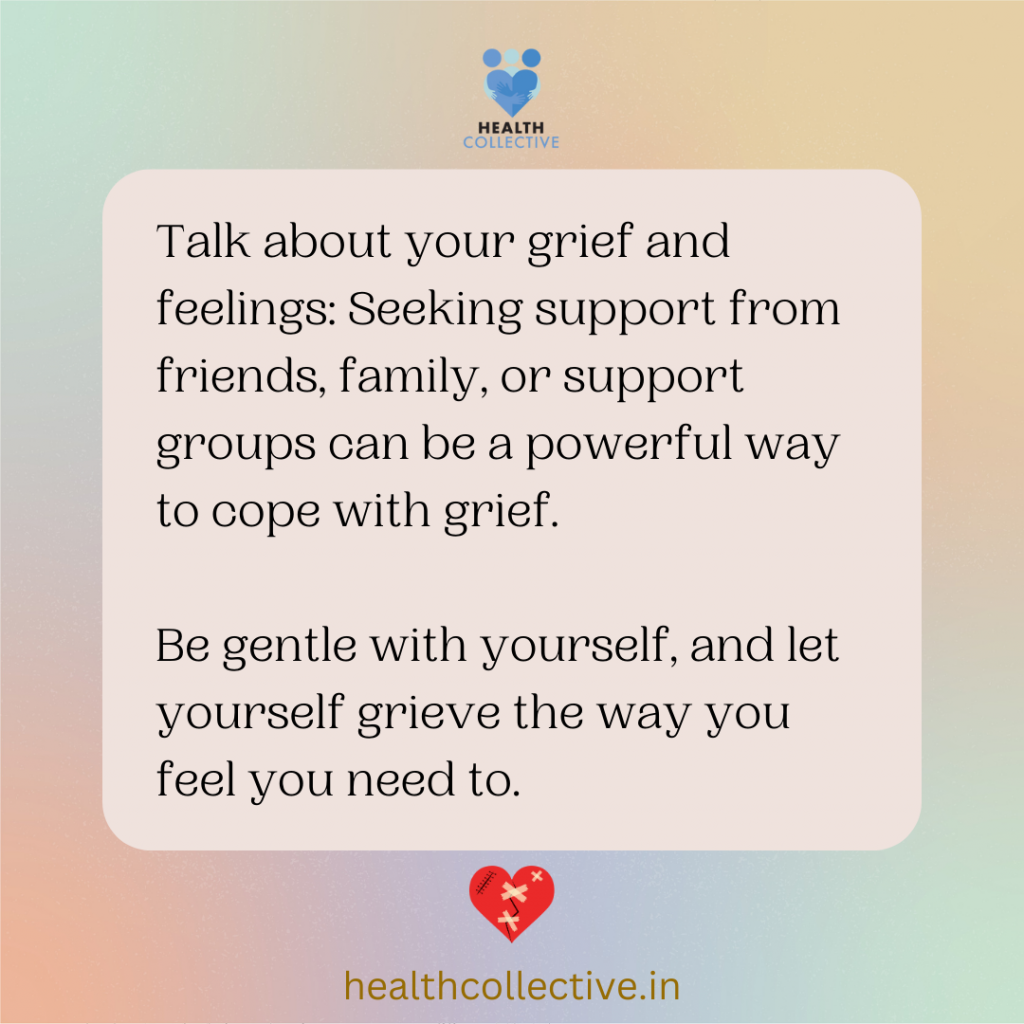 Graphic with health collective logo saying talk about your grief and feelings. 