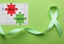 Green mental health awareness ribbon and jigsaw puzzle that says myths and facts